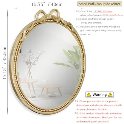 15.75" Small Gold Bow Decorative Round Mirror | Metal Frame, Wall Mounted, For Entryway, Bathroom, Living Room, Mini Size