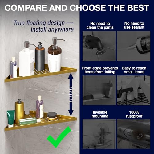 Corner Shower Shelf for Inside Shower - Adhesive/Stick/Drill/No Drill - Floating Strong 14" Gold Corner Shower Shelves for Bathroom, Tiled Wall, Caddy Organizer, Kitchen, Shower