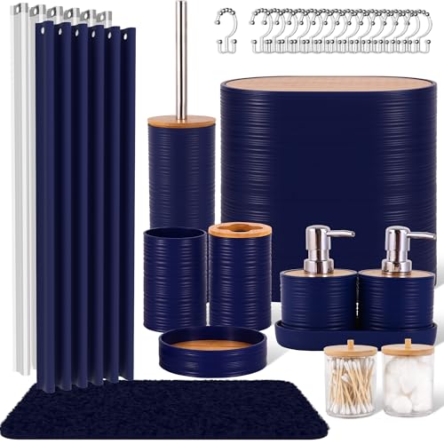 25 PCS Navyblue Bathroom Accessories Set丨Shower Curtain Bathroom Accessory | All-in-One Kit with Shower Curtain,rug,Trash Can,Toothbrush Holder,Toilet BrushSoap Dispenser,Toothbrush Cup,etc for Home - color: Navy Blue