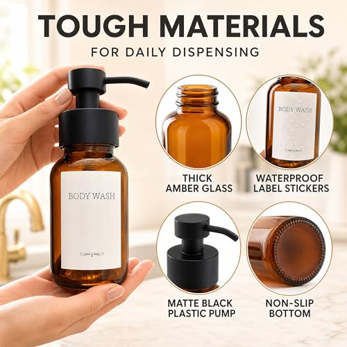 Amber Glass Foaming Soap Dispenser, 2 Pack, 8.5 Oz, Refillable | Foaming Hand Soap Dispenser; Pump Bottles, Non-Slip Bottom, 6 Moisture-Resistant Labels; for Bathroom & Kitchen Counter Decor