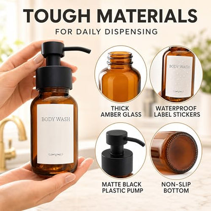 Amber Glass Foaming Soap Dispenser, 2 Pack, 8.5 Oz, Refillable | Foaming Hand Soap Dispenser; Pump Bottles, Non-Slip Bottom, 6 Moisture-Resistant Labels; for Bathroom & Kitchen Counter Decor