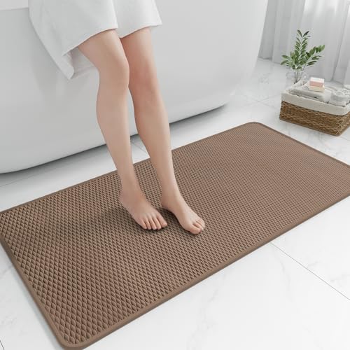 RUERYA Long Bathroom Rugs Non Slip Washable, Rubber Bath Mats for Bathroom,Quick Dry,Super Absorbent Ultra Thin Bath Mat Low Pile Bath Floor Mat Fit Under Door,Shower,Sink, Light Brown, 24"x47" - color: Light Brown, size: 2' x 3'11" (Rectangular)