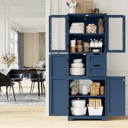 BOTLOG 67'' Tall Bathroom Storage Cabinet, Linen Cabinet with Glass Doors and Adjustable Shelves, Kitchen Pantry with 2 Drawers for Bathroom, Living Room, Dining Room, Blue | 2 Drawers, Linen Bathroom Cabinet with Glass Doors and Shelves for Living Room,