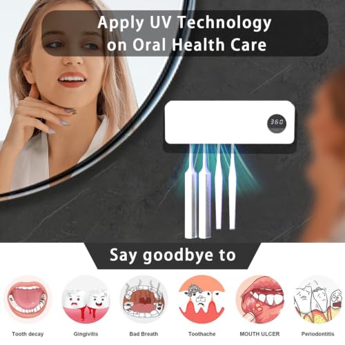 Cordless Toothbrush Holder, Toothbrush Cleaner with 4 Slots & 360s Timer Function, No-Drill Rechargeable Wall-Mounted Toothbrush Holders for Bathroom Family, White