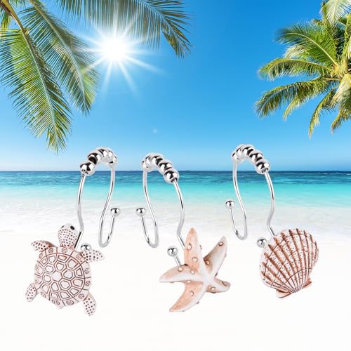 Double Shower Curtain Hooks,12Pcs Seashell Decorative Shower Curtain Rings | Double Seashells Decorative Shower Curtain Hooks Rings Resin Nautical Bathroom Decoration Beach Hooks