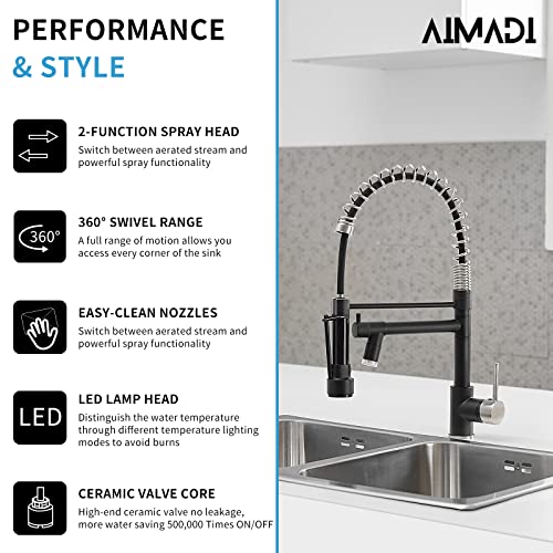 AIMADI Kitchen Faucet Black,Black Stainless Steel Kitchen Faucet | with Pull Down Sprayer,Single Handle Faucet for Kitchen Sink with LED Light - color: Black Nickel, style: with LED Sprayer