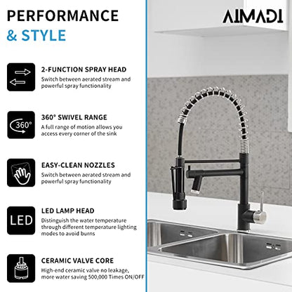 AIMADI Kitchen Faucet Black,Black Stainless Steel Kitchen Faucet | with Pull Down Sprayer,Single Handle Faucet for Kitchen Sink with LED Light - color: Black Nickel, style: with LED Sprayer