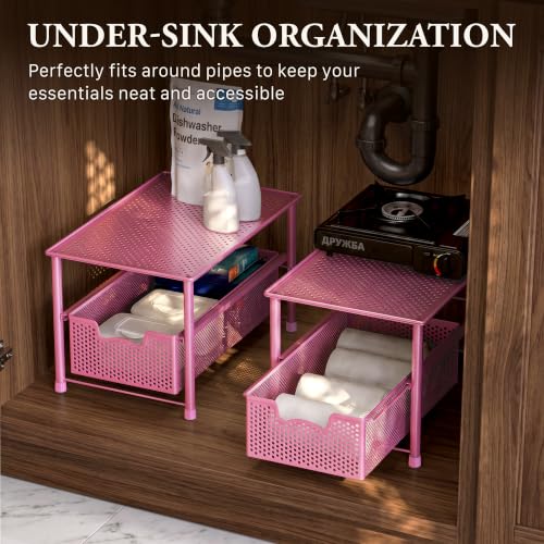 Simple Houseware Stackable Under Sink Sliding Basket Drawer, Pink | Perforated Free Standing Organizer, Kitchen/Pantry/Cabinet/Counter - color: Pink