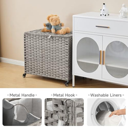 Laundry Hamper with Wheels, 34.3 Gallon(130L) Rolling Laundry Basket with Lid, Removable Large 2 Color Liners & 3 Mesh Laundry Bags, Clothes Hamper with Side Pocket, Grey - color: Grey, size: 23.62"L x 15.75"W x 21.65"H
