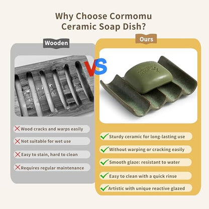 Draining Ceramic Soap Dish - Fluted Design, Bar Soap Holder for Shower & Bathroom, Soap Saver Sponge Lift, Green - color: Green, size: Fluted