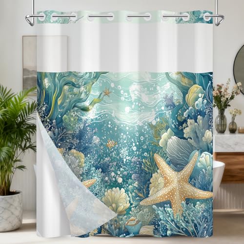 Ocean Theme No Hook Shower Curtain with Snap in Liner, Double-Layer Waterproof Shower Curtains with Mesh Top Window and Weighted Hem, Starfish Coastal Shower Curtain for Bathroom Decor, 71x74 Inches - color: Dreamy Starfish