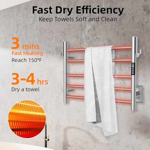 P&Dlusir EL13 Heated Towel Rack, Brushed, 5 Bar | Fast Heat in 2 Min, Smart Timer, Thermo Control, Memory Functoion, Stainless Steel, Hard-Wired/Plug-in - color: Brushed, size: 21.65"W x 17.72"H