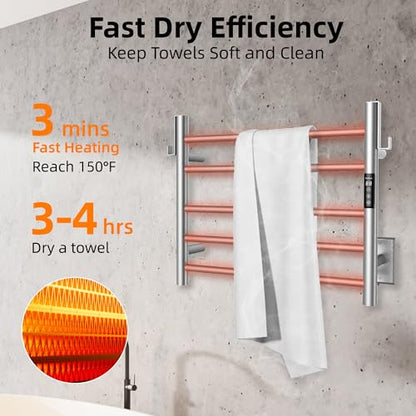 P&Dlusir EL13 Heated Towel Rack, Brushed, 5 Bar | Fast Heat in 2 Min, Smart Timer, Thermo Control, Memory Functoion, Stainless Steel, Hard-Wired/Plug-in - color: Brushed, size: 21.65"W x 17.72"H