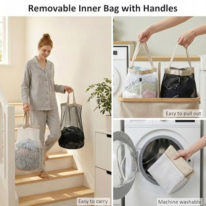 efluky Laundry Hamper with Lid, Double Laundry Basket with 2 Removable Bags, 2 Section Laundry Bin with Bamboo Handles for Bathroom, Bedroom & Laundry Room, 140L (36.9 Gallon) Oat - color: Oat, size: 140L Dual