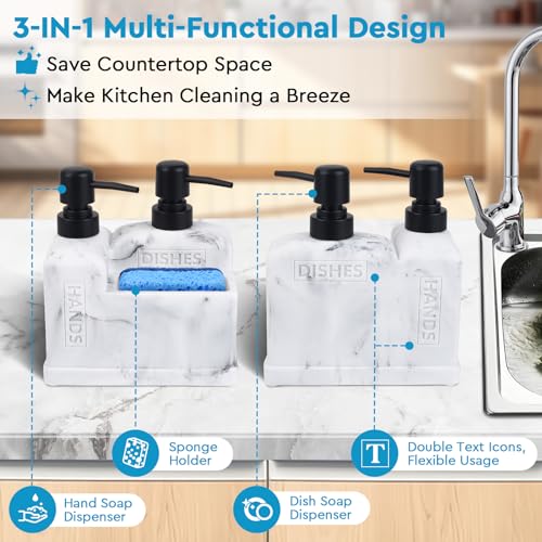 Kitchen Hand Soap and Dish Soap Dispenser Set,Dual Soap Dispenser with Sponge Holder 3-in-1 Organizer for Kitchen Sink,Bathroom,Useful Kitchen Gadgets - White Marble Look - color: 3 in 1 - White Marble Look