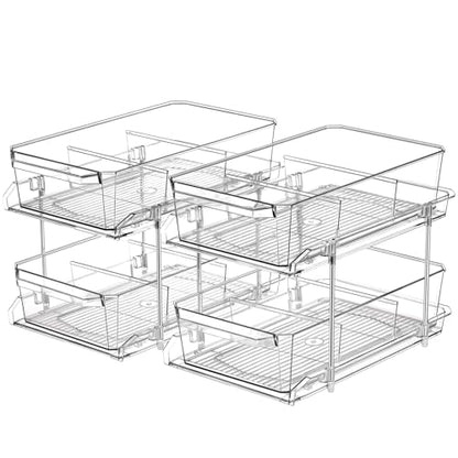 2 Set, 2 Tier Clear Organizer with Dividers for Cabinet, Shlef, Counter - MultiUse Slide-Out Storage Container - Kitchen, Pantry, Medicine Cupboard Bins, Bathroom, Vanity Makeup, Under Sink Organizing - size: 8" W - 2 Set
