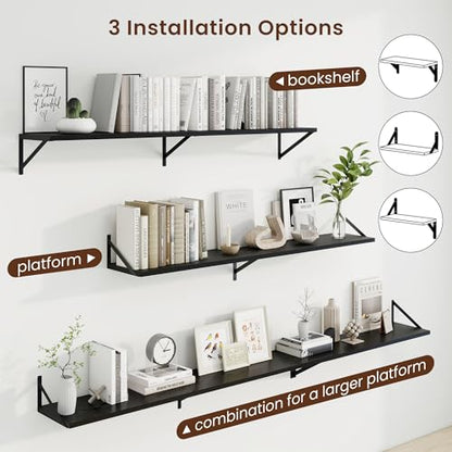 Deep Floating Shelves, 55'' x 10'' Black Wall Shelves Set of 2 | 10 Inch Deep Shelves with Heavy Duty Brackets, Rustic Wood Shelves for Bathroom Living Room, Engineered Wood, 55LBS - color: Black, size: 55W x 10D