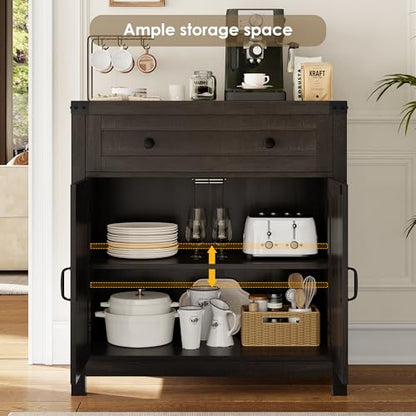 HOSTACK Kitchen Storage Cabinet, Farmhouse Coffee Bar Cabinet, Dark Brown | Small Buffet Cabinet with Doors & Wide Drawer, Wood Sideboard Buffet, Entry Table w/ Adjustable Shelf for Dining Living Room - color: Dark Brown