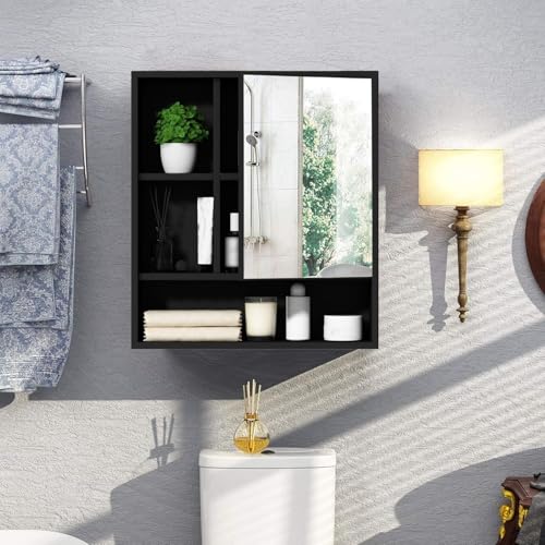 ChooChoo Bathroom Wall Mirror Cabinet, Medicine Cabinet with Storage Shelf | Over The Toilet Storage Cabinet, Adjustable Shelf, 6.3 x 21.6 x 24 Inches, Black - color: Black