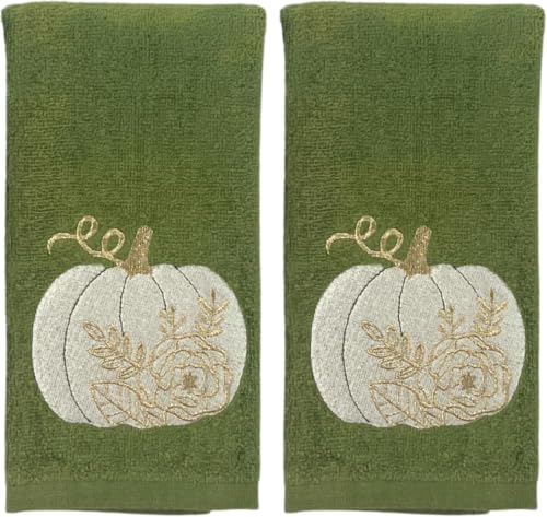 Autumn Fall Bathroom Fingertip Towels- Set of 2 100% Cotton Forest Dark Green Embroidered Floral Pumpkin Design- 12" x 18" Festive Bath & Kitchen Decor - color: Floral Pumpkin