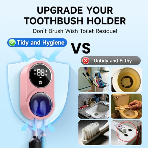 Wall-Mounted Toothbrush Holder for Bathroom, Proximity Sensor Toothbrush Cleaner, Compatible with Most Toothbrush Models, LED Smart Screen, Heating Film Drying, Rechargeable (03Pink)