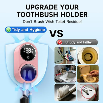 Wall-Mounted Toothbrush Holder for Bathroom, Proximity Sensor Toothbrush Cleaner, Compatible with Most Toothbrush Models, LED Smart Screen, Heating Film Drying, Rechargeable (03Pink)
