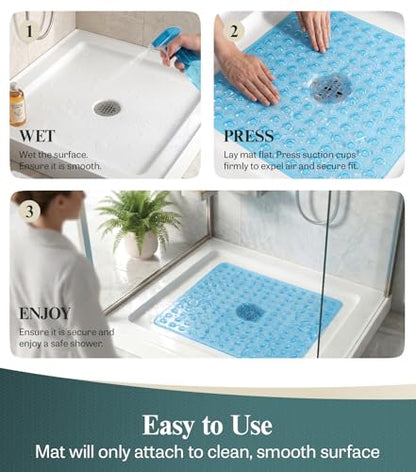 HITSLAM 21x21 Inch Square Shower Mat Non Slip, Anti Slip Bathtub Mat with Strong Suction Cups & Drainage Holes, Machine Washable Bathroom Floor Mat for Inside Shower Stall and Tub, Blue - color: Blue