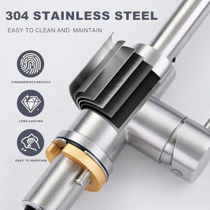 Brushe Nickel Bathroom Sink Faucet with Pull Down Sprayer | 2 Mode Sprayer, with Deck Plate for 1 or 3 Hole, 360° Swivel, with Pop Up Drain for Vanity Bar RV Basin Laundry - color: Brushed Nickel