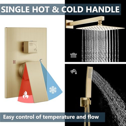 Aolemi Shower Faucet Set with Handheld Brushed Gold 12 Inch Head | Pressure Balance Shower Valve and Trim Kit,SUS304 Rain Head and Handle System,All Metal,Wall Mount,Bathroom,Handheld Spray - color: Gold, size: 12 Inch Wall Mount Shower Head