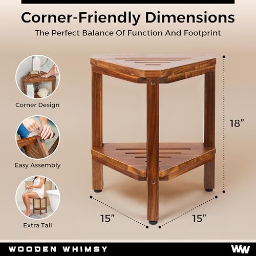 Teak Corner Shower Bench with Matching Soap Holder - Sturdy Waterproof Bathroom Stool Chair with Storage Shelf for Bathing Supplies - Bath Seat and Foot Rest for Shaving Legs - 15" x 15" x 18"