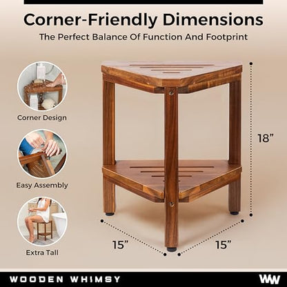 Teak Corner Shower Bench with Matching Soap Holder - Sturdy Waterproof Bathroom Stool Chair with Storage Shelf for Bathing Supplies - Bath Seat and Foot Rest for Shaving Legs - 15" x 15" x 18"