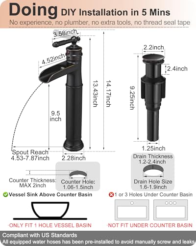 Brass Vessel Sink Faucet Oil Rubbed Bronze, Waterfall Tall Bathroom Faucet 1 Hole with Single Handle, Pop-Up Drain & Water Hose for Farmhouse Vanity Restroom Vessel Bowl Sink, 5 Mins Install - color: Oil Rubbed Bronze - Farmhouse