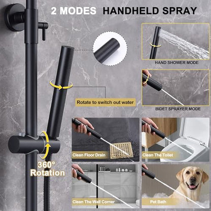 Matte Black Exposed Shower System with 2 Modes HandHeld,3 Functions Tub Shower Faucet Sets with Brass Valve, Shower Fixture with 10 Inches Rainfull Shower Head,Shower Height Adjustable - color: B- Matte Black with Round Shower Head