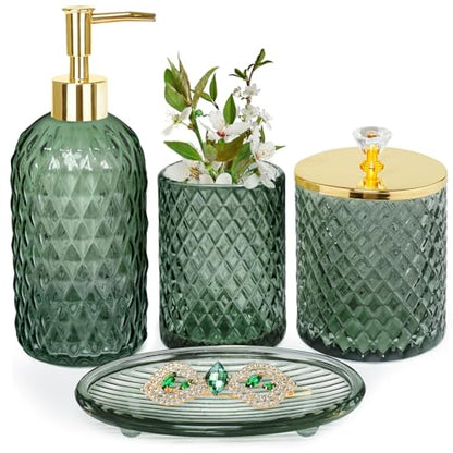 Haturi Glass Bathroom Accessories Set, Sage Green Bathroom Set, 4 Pcs | Kit w/ Bathroom Soap Dispenser Set, Toothbrush Holder, Qtip Holder,Soap Dish, Green Bathroom Decor, Gift for Home Apartment - style: Sage Green