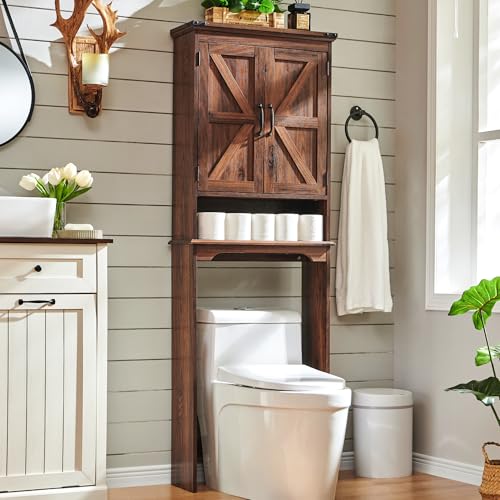 67" Tall Farmhouse Over The Toilet Storage Bathroom Cabinet, Brown | Double Barn Doors, Adjustable Shelf, Open Cubby, Weathered Finish - color: Brown