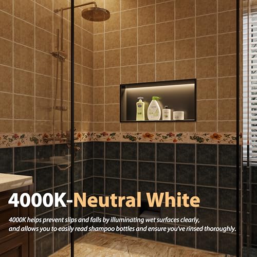 Qeke 24" X 12" Stainless Steel Shower Niche w/ 3 CCT Dimmable Light, Black | No Tile Needed Wall Niche, Recessed Niche w/ Light(3000K/4000K/6000K), IP66 Waterproof, Space Saving & Durable - color: Matte Black, size: 24" X 12"