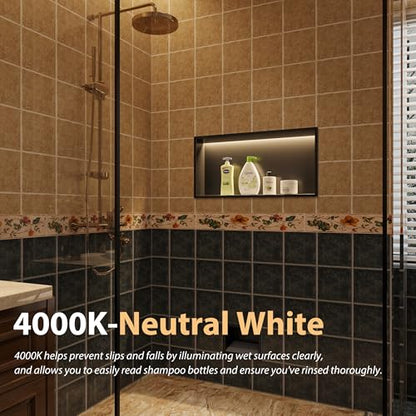 Qeke 24" X 12" Stainless Steel Shower Niche w/ 3 CCT Dimmable Light, Black | No Tile Needed Wall Niche, Recessed Niche w/ Light(3000K/4000K/6000K), IP66 Waterproof, Space Saving & Durable - color: Matte Black, size: 24" X 12"