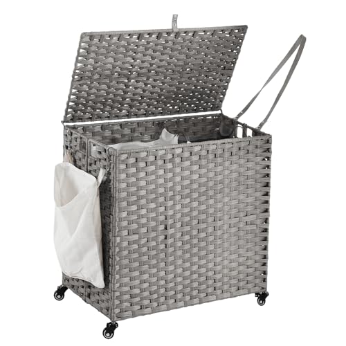 Laundry Hamper with Wheels, 39.6 Gallon(150L) Rolling Laundry Basket with Lid, Removable Large 2 Color Liners & 3 Mesh Laundry Bags, Clothes Hamper with Side Pocket, Grey - color: Grey, size: 23.62"L x 15.75"W x 25.6"H