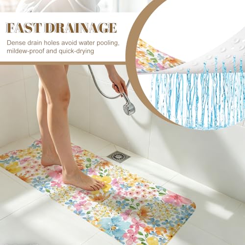 Floral Bathtub Mat Non Slip with Drain Holes and Suction Cups Bath Mat 40x16 Inch Tub Mats Shower Mats for Kids - color: Floral