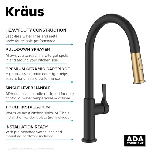KRAUS Torak Pull Down Kitchen Faucet in Spot-Free Brushed Brass/Matte Black with 2 Function Sprayer, Pre-Attached Water Lines, and Mounting Hardware, KPF-2840SFBBMB - color: Spot Free Brushed Brass/Matte Black, style: Pull-Down Faucet
