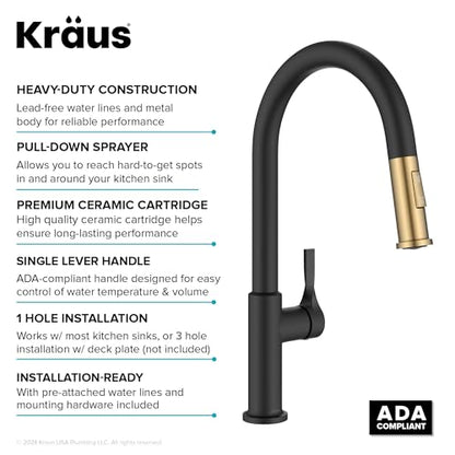 KRAUS Torak Pull Down Kitchen Faucet in Spot-Free Brushed Brass/Matte Black with 2 Function Sprayer, Pre-Attached Water Lines, and Mounting Hardware, KPF-2840SFBBMB - color: Spot Free Brushed Brass/Matte Black, style: Pull-Down Faucet