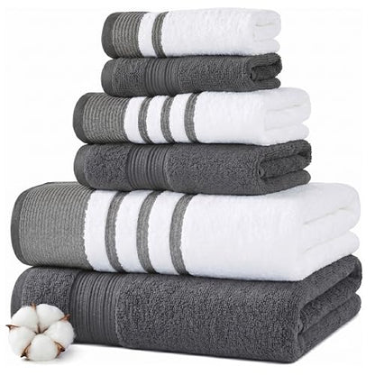 Modern Threads 6-Piece Towel Set – 100% Cotton, Quick Dry, Ultra Absorbent – Includes 2 Bath, 2 Hand, 2 Washcloths (White/Reinhart Charcoal) - color: Grey, style: Classic Stripe