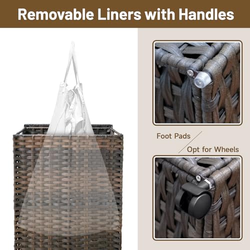 70L Slim Laundry Hamper with Lid & Wheels, Rolling Laundry Basket with 2 Removable Liner Bags & 3 Mesh Bags, Narrow Dirty Clothes Basket, Foldable Handwoven Rattan Laundry Sorter, Brown - color: Brown