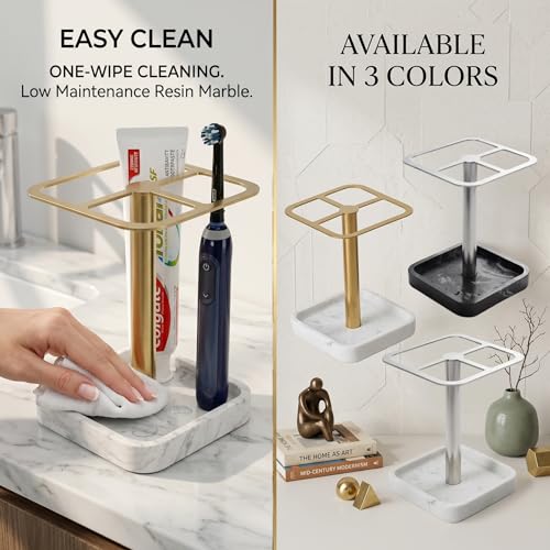 Stainless Toothbrush Holder，3-Slot Design with Resin Marble Base | White Silver Collection: Stainless Steel Electric Toothbrush Holder – Rustproof Vanity Organizer & Space-Saving Caddy - color: White Silver