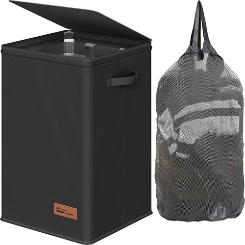 Simple Houseware Foldable Laundry Hamper Basket with Lid and Bag, Black | Heavy Duty 600D Polyester, Water-Resistant Surface - color: Black