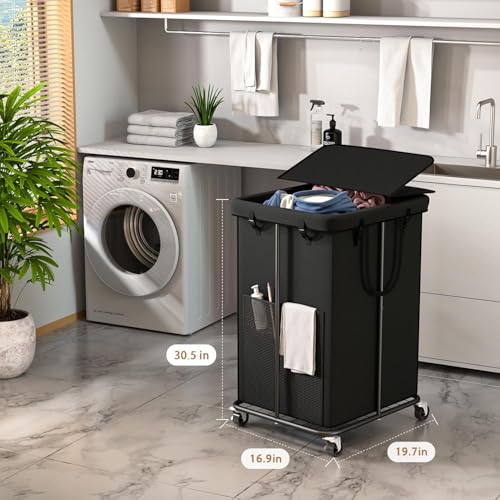 40 Gal Large Laundry Hamper with Lid, Rolling Laundry Basket with Wheels | Oxford Fabric | Dirty Clothes Hampers with Removable Bag | Metal Frame for Bedroom, Laundry Room, Bathroom, Dorm(Black) - color: Black-2