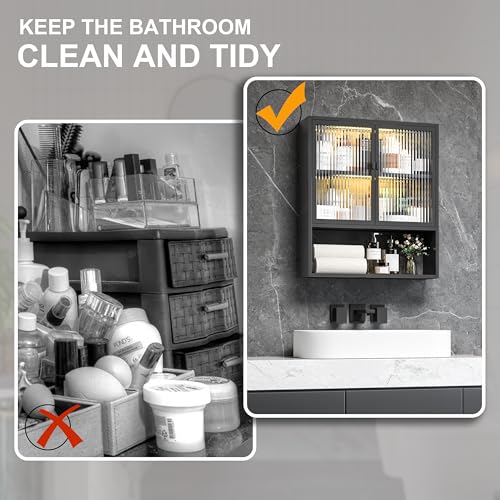 Bathroom Cabinet Wall Mount,Metal Medicine Cabinets with Glass Doors and LED Light,Wall Cabinet Over The Toilet,Black Hanging Cabinet for Bathroom Laundry Room Kitchen - color: Black