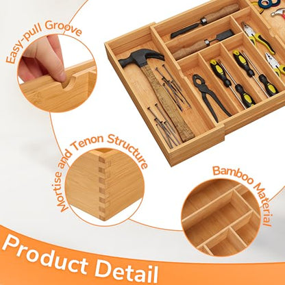 BAMEOS 3" Deepth Expandable Drawer Organizer, Deep Flatware Organizer, Adjustable Silverware Organizer, Bamboo Drawer Organizer for Kitchen, Bathroom (Natural) - size: 3''H 22X16