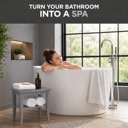 Bamboo Shower Bench, Gray Bathroom Wooden Stool Chair Seat with Storage | Compact 9 x 17 x 17 In, Great for Small Bathrooms, Non Slip Feet, Storage Shelf, Concave Seat, Holds Up to 250 lbs - color: Grey Standard