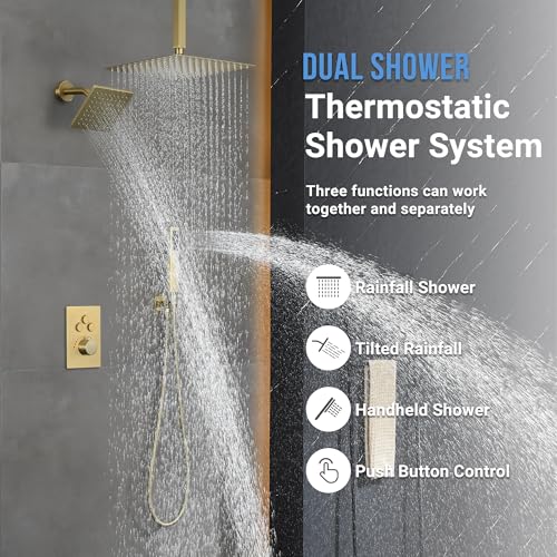 Thermostatic Dual Shower Head System, Brushed Gold Shower Faucet | 12 Inch Ceiling Rainfall Shower, 6 Inch Wall Mount Head, High Pressure Handheld Sprayer, Push Button Valve - color: Brushed Gold